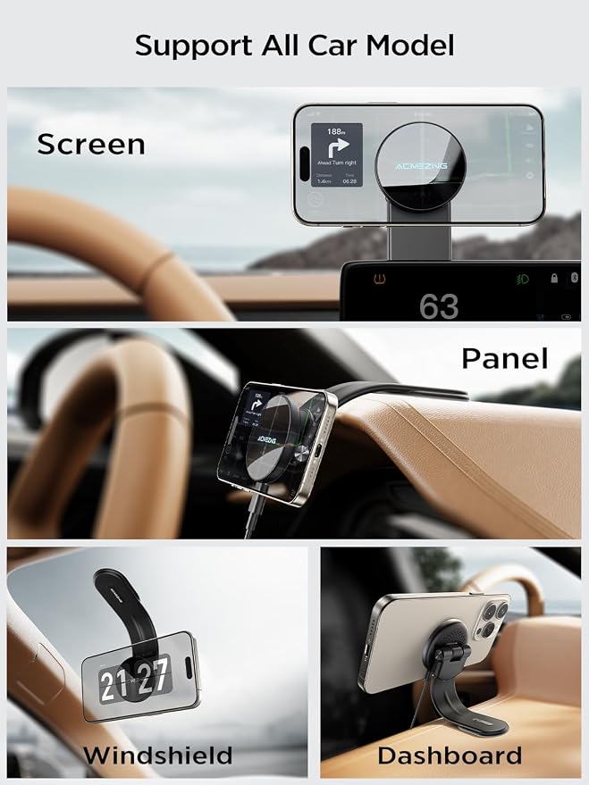 15W Only for iPhone MagSafe Car Mount Charger, 360% Adjustable Aluminum Alloy Arm, Relocatable Car Phone Holder, Magnetic Wireless Fast Charging, Cell Phone Holder for All Car Models, Black