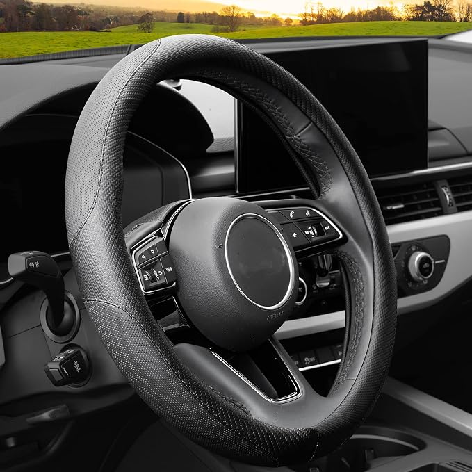 YHONGJT Soft Microfiber Leather Anti-Slip Car Steering Wheel Cover, Universal Fit 15 Inch for Women Girls, Fit Vehicles, Sedans, SUVS, Vans, Trucks - Black