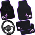 Butterfly Steering Wheel Cover and Waterproof Car Floor Mats,Purple Car Mats 14.5-15inch Steering Wheel Covers Universal Fit for Suvs,Sedans Cars,for Women Girl(Black and Purple)
