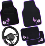 Butterfly Steering Wheel Cover and Waterproof Car Floor Mats,Purple Car Mats 14.5-15inch Steering Wheel Covers Universal Fit for Suvs,Sedans Cars,for Women Girl(Black and Purple)