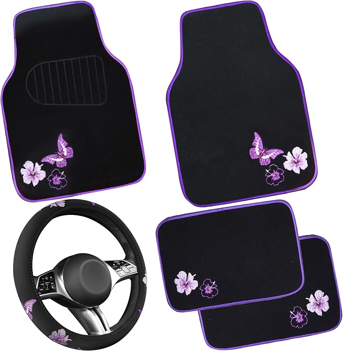 Butterfly Steering Wheel Cover and Waterproof Car Floor Mats,Purple Car Mats 14.5-15inch Steering Wheel Covers Universal Fit for Suvs,Sedans Cars,for Women Girl(Black and Purple)