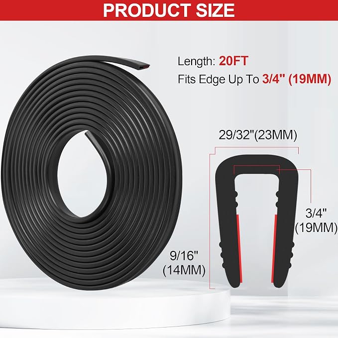 Rubber Edge Trim U Channel, 3/4" Self Adhesive Sheet Metal Edge Guard Protector, EPDM Seal Strip for Car Doors, Steel Plates, Glass, Hatches, Table Corners, Fit 3/4"(19mm), 20Ft, Black