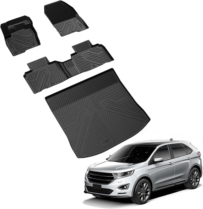 Floor Mats and Cargo Liner for Ford Edge 2015-2024 All Weather Protector TPE Car Liners Custom Fit Vehicle Accessories, 1st & 2nd & Trunk Mat Combo Set, 4pcs Black