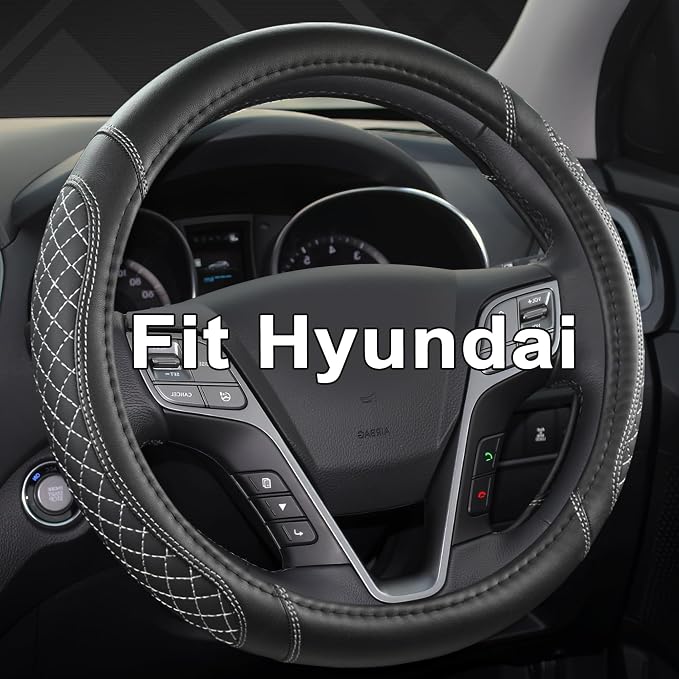 Customized Auto Car Steering Wheel Cover for Hyundai,Tucson,Sonata,Elantra,Santa Fe,Genesis,Sonata Hybrid,Azera,Venue,Kona, 14.5-15 inches(Diamond Quilted-Black+Gray-Standard Size)