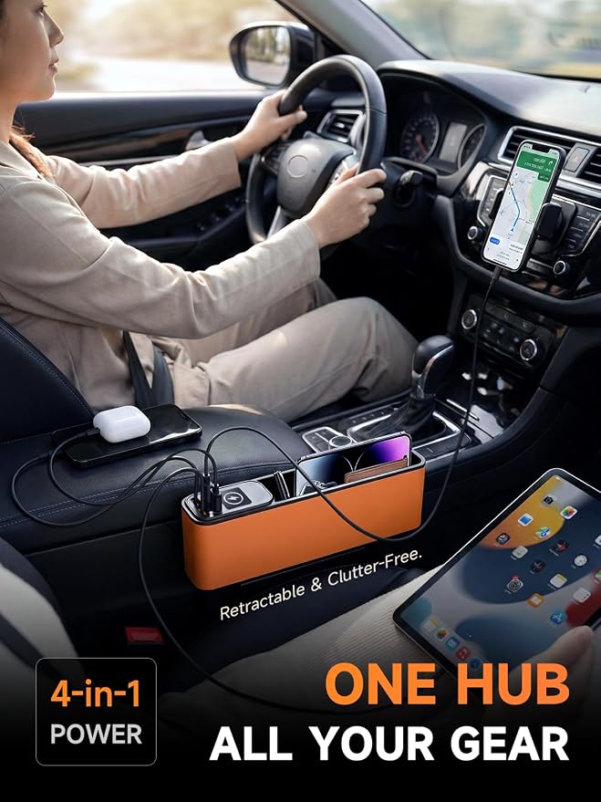 Car Seat Gap Filler Organizer with 69W Retractable Car Charger | 2 USB Ports and 2 Charging Cable Car Seat Organizer, Seat Gap Storage Box for Sedans Suv Truck, Car Interior Accessories