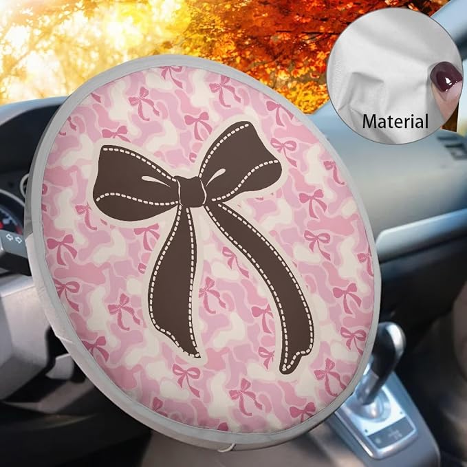 Pink Camo Bow Steering Wheel Sun Shade Cover for Women Steering Wheel Sun Block Anti-Heat Aluminum Foil Steering Wheel Cover Steering Wheel Sun Heat Shield