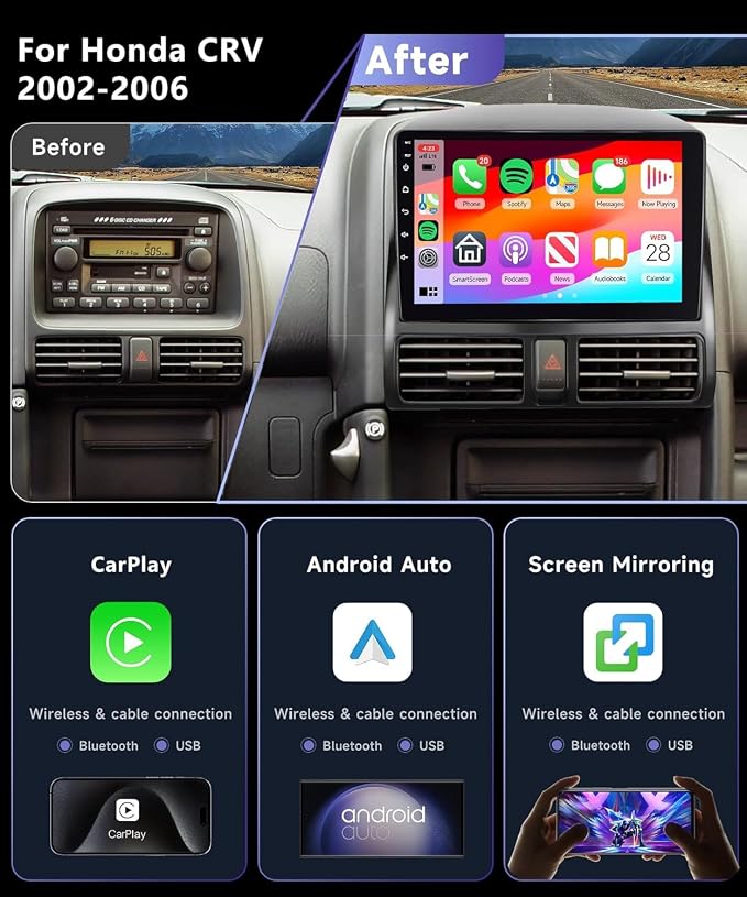 8Core 6GB 128GB Car Stereo for Honda CRV 2002-2006 Radio with Wireless Car Play Android Auto MirrorLink,9inch 1280X720P HD IPS Touch Screen 5.0Bluetooth FM/RDS GPS WiFi AHD Backup Camera