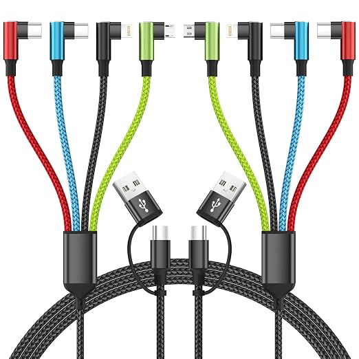 Travel Essentials 90 Degree Charging Cable, 4 in 2 USB A/USB C Multi Charging Cable, Right Angle Universal Phone Charger with IP/Type C/Type C/Micro Port, Compatible with Most Cell Phones and More