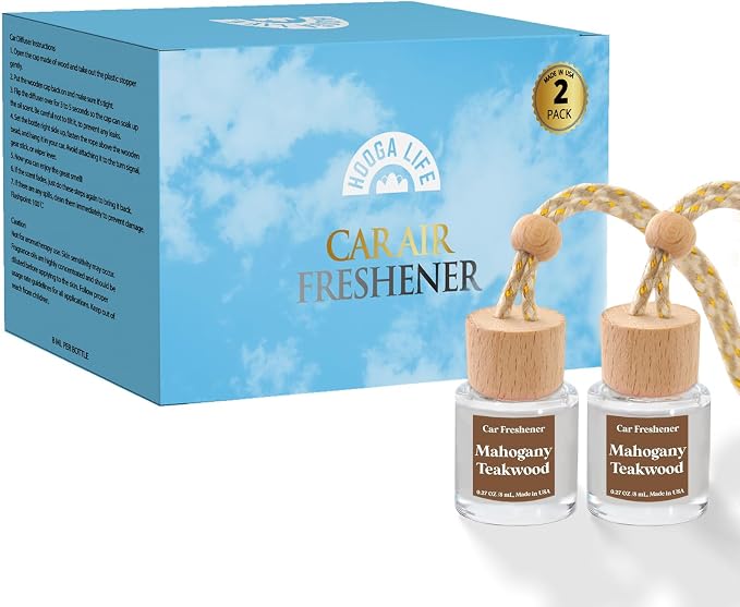 Car Air Freshener Diffuser 2 Pack Hanging Mahogany Teakwood Car Air Freshener for Women 45+ Days Long Lasting Fragrance Made in USA
