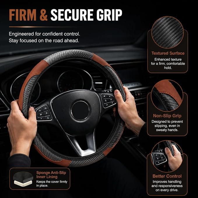 Car Steering Wheel Cover 15 inch, Microfiber PU Leather Elastic Steering Wheel Protector, Anti-Slip Breathable Car Interior Accessories for Most Cars (Coffee)