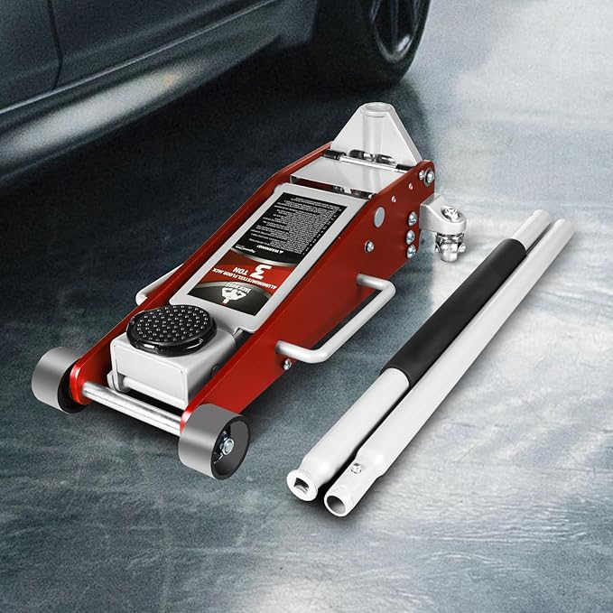 3 Ton Low Profile, Aluminum and Steel Racing Floor Jack with Dual Pistons Quick Lift Pump for Sport Utility Vehicle, Lifting Range 3-15/16" min to 18-5/16" max, Net Weight 58.5 lb, Red