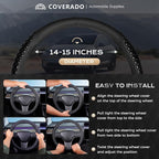 Coverado Car Steering Wheel Cover, Nappa Leather Black Steering Wheel Covers, Universal 14-15 inch, Anti-Slip, Breathable Steering Wheel Protector for Women Men