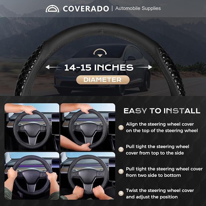 Coverado Nappa Leather Steering Wheel Cover Universal 14-15 Inch Anti-Slip Breathable Steering Wheel Protector Luxury Auto Decor for Men Women Blackline