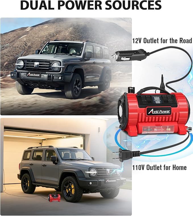 Tire Inflator Portable Air Compressor, 12V DC/110V AC Car Tire Pump with Inflation and Deflation, 5 Preset Modes, Digital LCD Gauge for Car Tires, Bike, and Air Mattress (Dark Red)