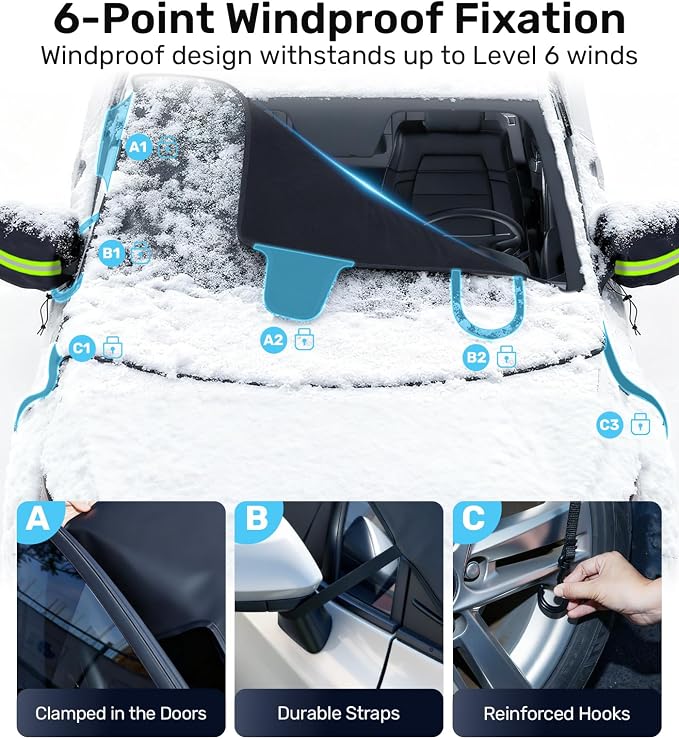 Windshield Cover for Ice and Snow [3-Second Snow Removal & 7-Layer Full Coverage] 6-Point Snowproof Fixation & Reflective Mirror Covers, Fits Sedans and Compact SUVs S (62'' x 49'')