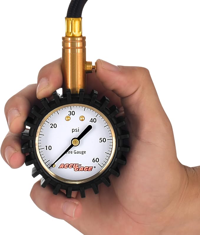 RH60XA Tire Pressure Gauge with Hose and Protective Rubber Guard, Angled Swivel Chuck, 60 PSI