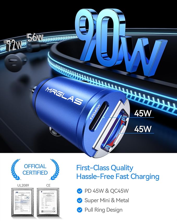 90W USB C Car Charger Fast Charge, PD45W & QC45W, Flush Fit, Extra 3.3ft Type C Cable, All Metal, Cigarette Lighter USB Charger for iPhone 16 15 Samsung S25 S24 S23 Ultra Pixel 8/8Pro/7-Blue