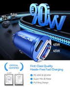 90W USB C Car Charger Fast Charge, PD45W & QC45W, Flush Fit, Extra 3.3ft Type C Cable, All Metal, Cigarette Lighter USB Charger for iPhone 16 15 Samsung S25 S24 S23 Ultra Pixel 8/8Pro/7-Blue