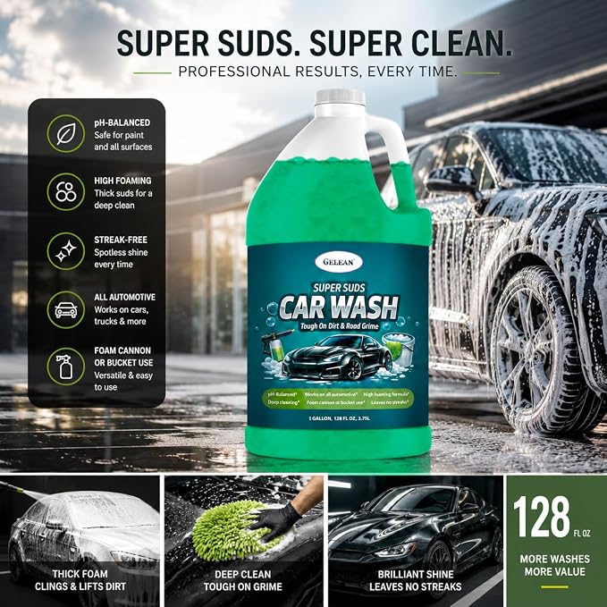 Car Wash Soap – Super Suds High Foaming- 128oz- USA - Deep Cleaning | Foam Cannon or Bucket Use | Cars, Trucks & more |pH-Balanced, Streak-Free | Removes Dirt & Grime | Concentrated car shampoo