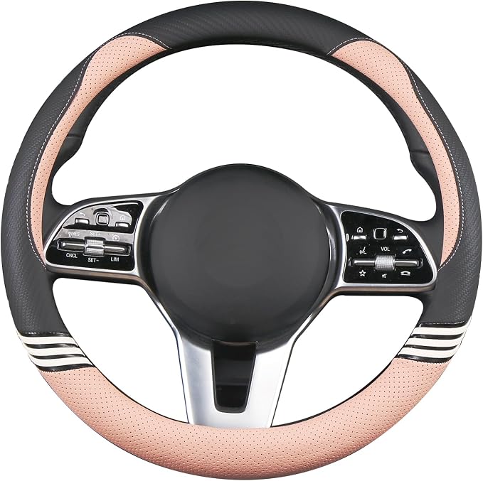 Cute Leather Car Steering Wheel Cover for Women Men Breathable Universal 15 inch Universal,Black and Pink