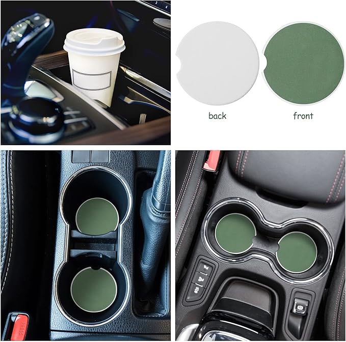 4 Car Accessory Set, Steering Wheel Cover, Ceramic Coasters, Daisy Flower Clip Air Freshener, Crystal Hanging Ornament for Women(Sage Green)