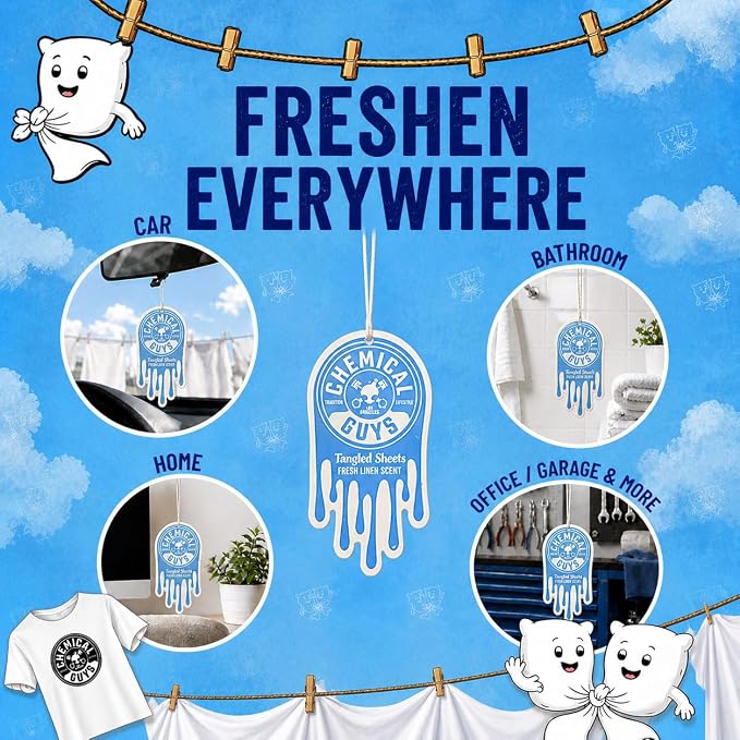 Hanging Car Air Freshener 12-Pack, Tangled Sheets Premium Clean Linen & Soft Cotton Fragrance, Rearview Mirror Paper Fresheners for Cars, Trucks, SUVs, RVs & Boats