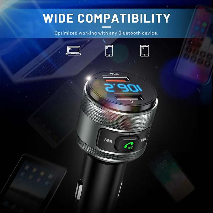 Bluetooth 6.0 FM Transmitter for Car, MP3 Music Player Wireless Radio Adapter Kit with QC 3.0 Fast Charger, Hands-Free Calling, Supports USB Drive for 12V/24V Vehicles