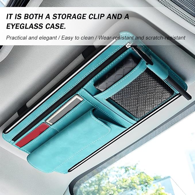 Car Sun Visor Organizer, Multi-Pocket Vehicle Sun Visor Storage Pouch with Sunglasses Box, Auto Interior Sunshade Eyeglasses Card Holder Organizers, Universal for SUV Sedan Truck (Blue)