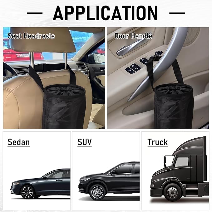 Car Trash Bag, Hanging Car Garbage Bag with Elastic Top Opening & Bottom Removable Opening, Washable Polyester Litter Bin for Car Seat Back, Travel, SUV, Truck, Black, Pack of 2