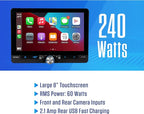 J1CA8FL 8" Wireless Apple CarPlay Android Auto Single/Double DIN | Fits single or double DIN, wired or wireless Certified Apple CarPlay plus Android Auto, front and rear camera inputs, USB