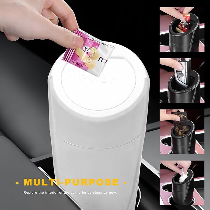 Car Trash Can Bin with Lid, Leakproof Portable Garbage Trash Bin Mini Cup Holder Organizer, Automotive Interior Dustbin Multipurpose Storage Container for Car Home Office (White)