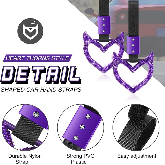 Bling Car Accessories Bling Heart Handle Ring Car Accessory for Women Heart Hand Strap Drift Charm Rear Bumper Warning Ring Decor for auto Bus Interior Exterior Decoration(Purple,Devil Style)