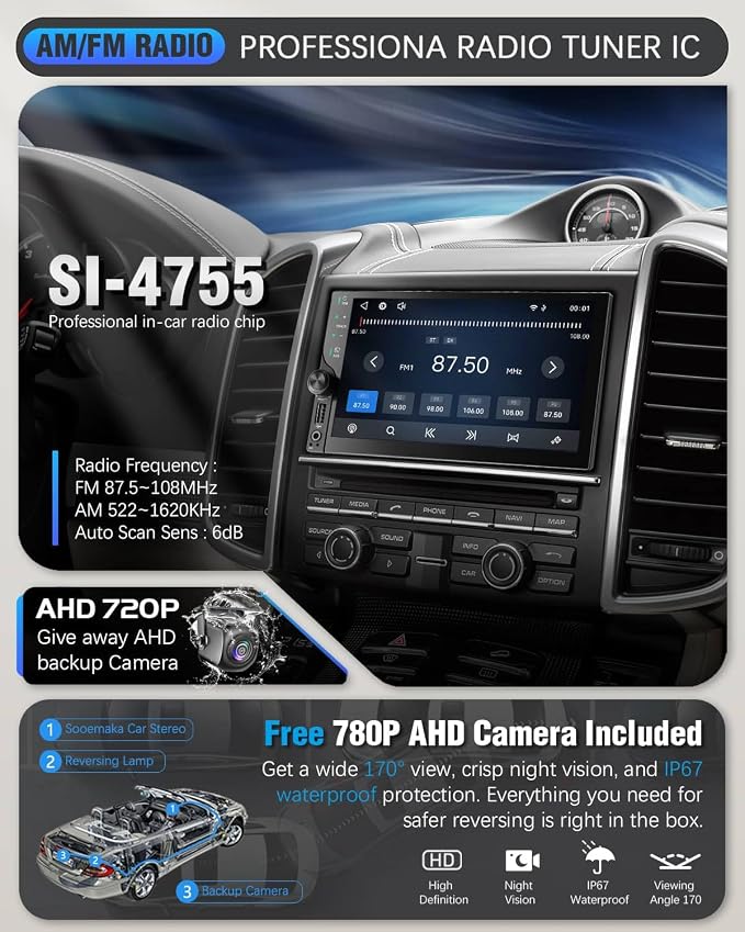 【 2026】7" QLED Double Din Car Stereo Wireless Apple Carplay& Android Auto,Car Radio upgrade AHD Backup Camera, 2.5D Hardened Tempered Touch,Extra Filter,DSP, Bluetooth, MirrorLink, SWC, FM/AM
