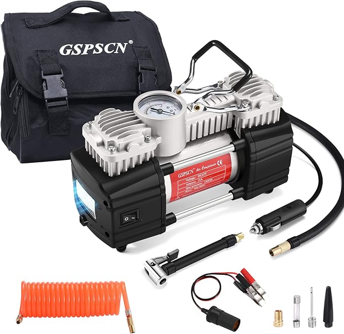 Portable Tire Inflator Heavy Duty Metal 12V Air Compressor Pump | 6X Faster Inflation Double Cylinder 150Psi with Extension Air Hose,LED Lights Air Pump for Car,SUV,RV,Truck,Balls,Bicycle