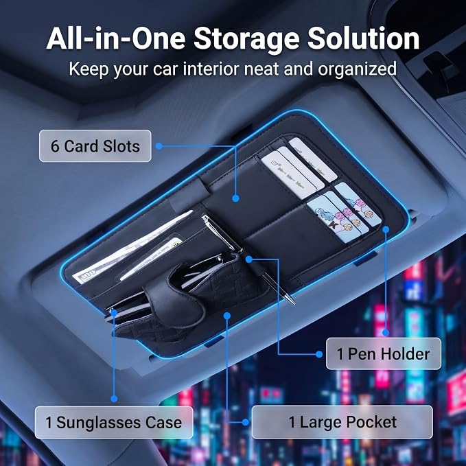Car Sun Visor Organizer, Multi-Pocket Visor Storage Pouch for Sunglasses, Cards, Pens, Document, Waterproof Leather Auto Interior Organization Accessories, Universal for Most Cars (Black)
