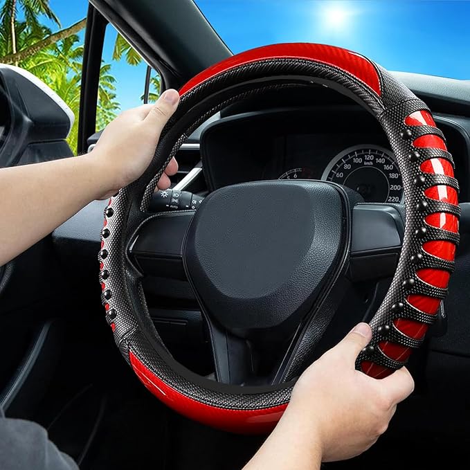 Car Leather Steering Wheel Cover - Carbon Fibre Material, Universal 14.5-15 Inch Leather Anti-Slip Breathable Auto Steering Wheel Covers for Men Women (3D Massage - Sports Red)