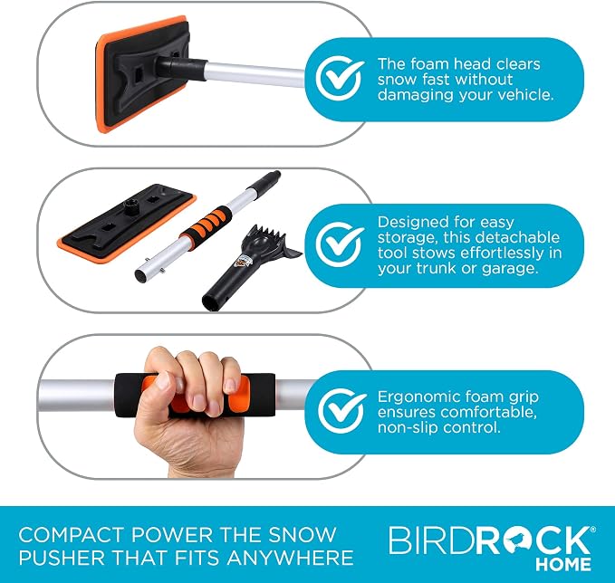 36" Extendable Snow Pusher Brush & Detachable Ice Scraper for Cars | Aluminum Grip for Car, Truck, SUV | Safe on Auto Windshield & Windows | Wide Frost Remover for Semi & Small Vehicles