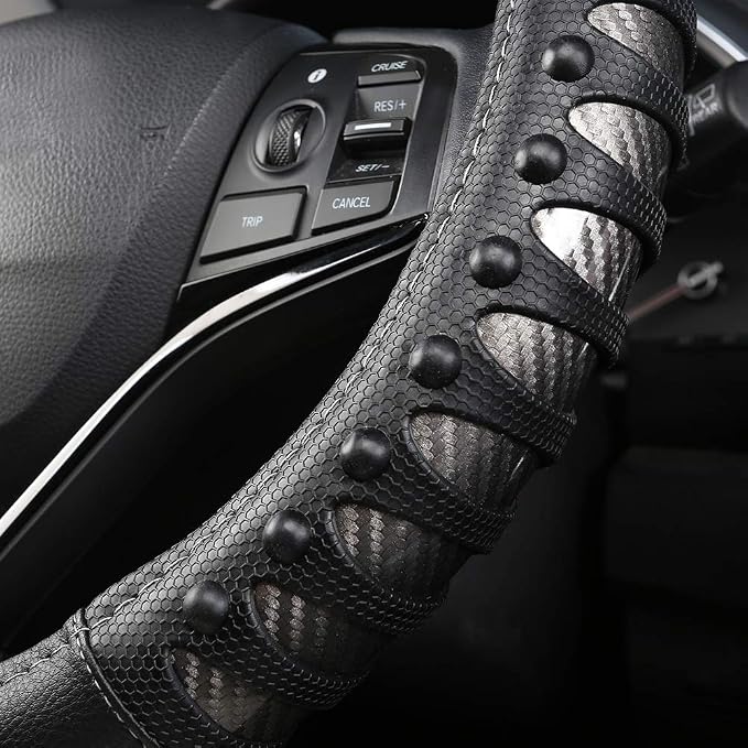 Microfiber Leather Car Steering Wheel Cover for Men Women,Universal Fit 14.5-15 inch(Leather Nails-Gray+Black-Standard Size)