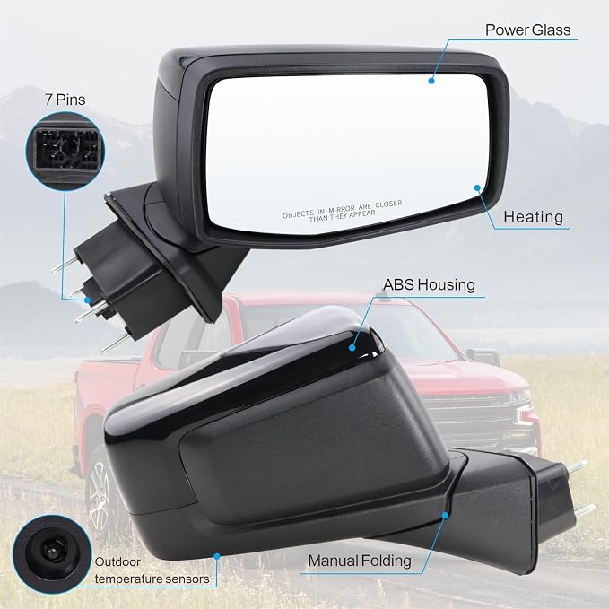 Right Passenger Side Mirror Compatible with 2019-2025 Chevy Silverado 1500 With Power Glass Manual Folding Heated Without Turn signal Replace#GM1321583(7Pins）