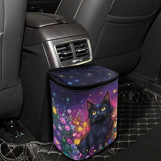 Cat Daisy Galaxy Print Car Trash Can with Lid, Leak Proof Auto Trash Bag Hanging Vehicle Garbage Can Multipurpose Storage Container for Back Seat Road Trip