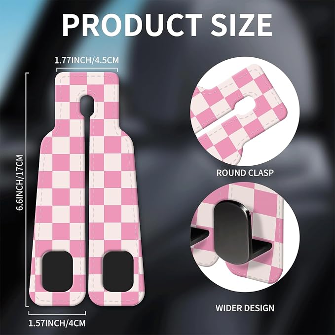 Car Seat Headrest Hook, Universal Leather Cute Hanger Holder Hook, Storage Organizer Interior Accessories for Purse Bags Handbag Cute Pink Checkerboard