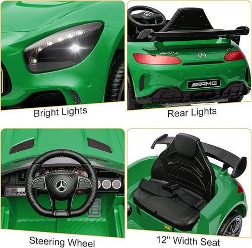 12V Ride on Car, Licensed Mercedes Benz AMG GTR Battery Powered Electric Vehicle, w/Parent Remote, Wider Seat, LED Lights, Openable Doors, MP3 Player, Smooth Start, 3 Speeds - Green