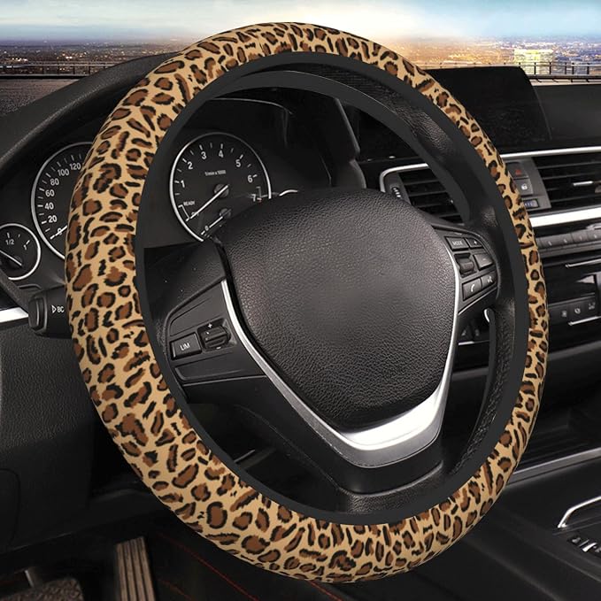 Leopard Steering Wheel Cover Anti-Slip and Practical 14.5-15 Inch Universal Car Steering Wheel Cover with 2 Pieces Car Coasters Suitable for Men Women