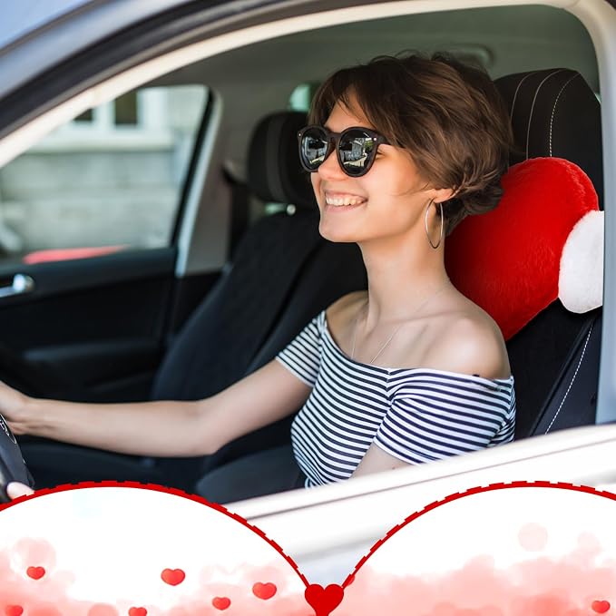 2 Pcs Plush Heart Shaped Pillow with Angel Wings Car Headrest Soft Comfortable Seat Pillow for Driving Travelling Room Office Car Decor, 19.7 x 8.3 Inch(Red)