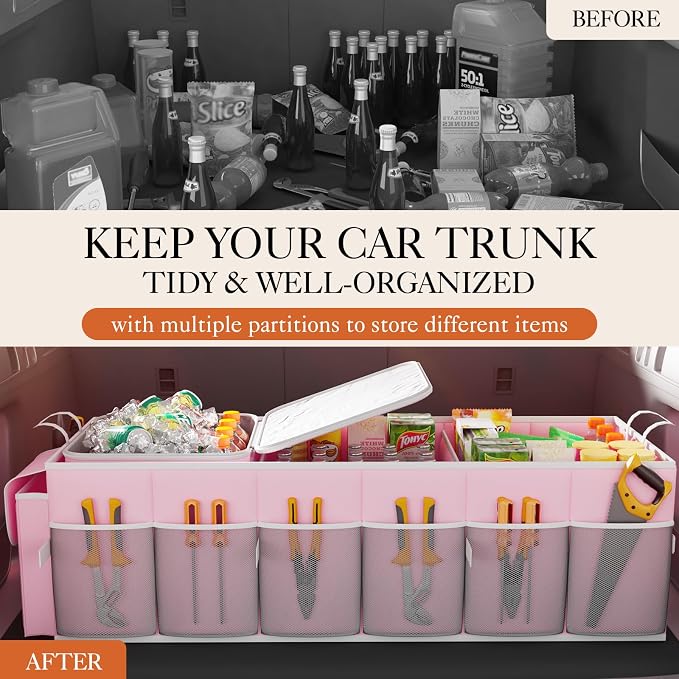 Trunk Organizer, Sturdy Foldable with Cooler for Car & SUV, 3 Compartments, Pink, 30.90”×12.60”×10.63”