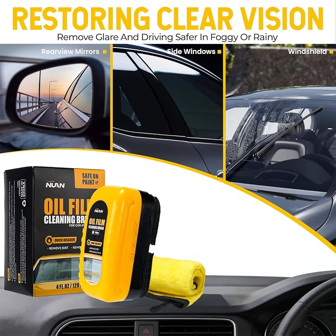 Oil Film Cleaning Brush for Car Windows, 2PCS Clear Vision Car Glass Cleaner with Anti-Rain Coating for Auto Windows and Windshields Improving Clarity, 8 fl oz / 240 mL