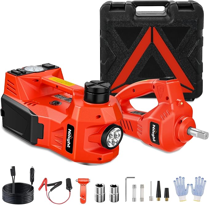 Electric Car Jack Kit 5 Ton 12V Hydraulic Car Jack with Impact Wrench, 3 in 1 Portable Electric Floor Jack with Tire Inflator Pump LED Light for Sedan SUV Truck Change Tire Garage Repair