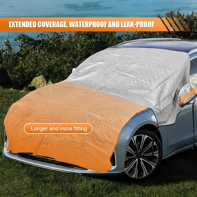 Car Windshield Snow Cover, Waterproof Auto Front Window Ice Protector with Side Mirror Covers, Universal Windproof Windshield Sunshade Dust Cover for Sedan, SUV, Truck (White)