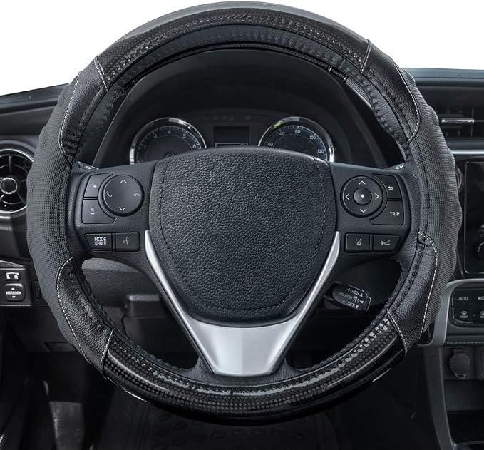 GripPlus Black Carbon Fiber Steering Wheel Cover, Standard 15 inch Size, Advanced Traction Grip, Car Steering Wheel Cover for Truck Van SUV Auto