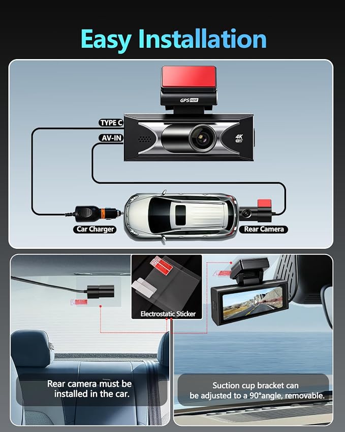 Dual Dash Cam Front 4K+2.5K Rear, 5.8GHz Wi-Fi, 20MB/s Fastest Download Speed with APP, WDR Night Vision, 2160P Dash Camera for Cars, 3" IPS, 24H Parking Mode, Free 64GB Card Included